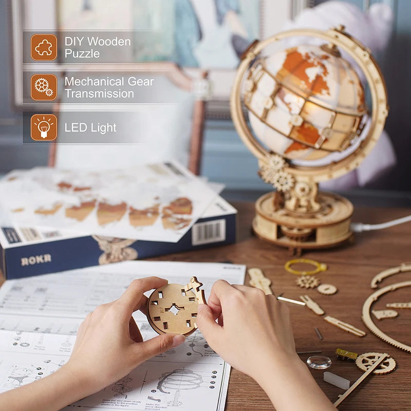 Globe lumineux en bois – Puzzle 3D