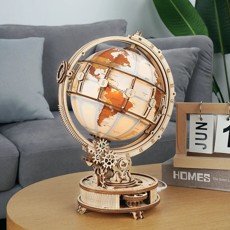 Globe lumineux en bois – Puzzle 3D