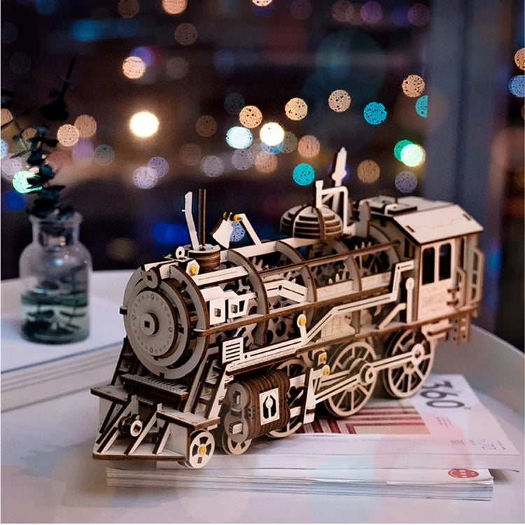 Locomotive mécanique en bois à assembler – Puzzle 3D