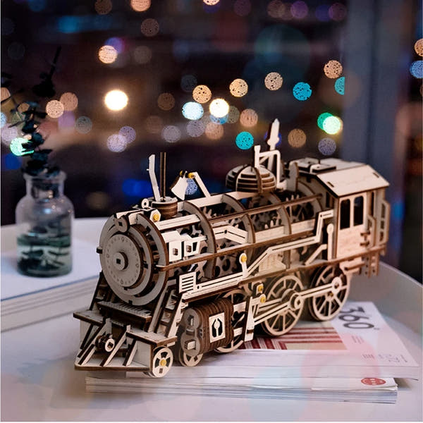 Locomotive mécanique en bois à assembler – Puzzle 3D